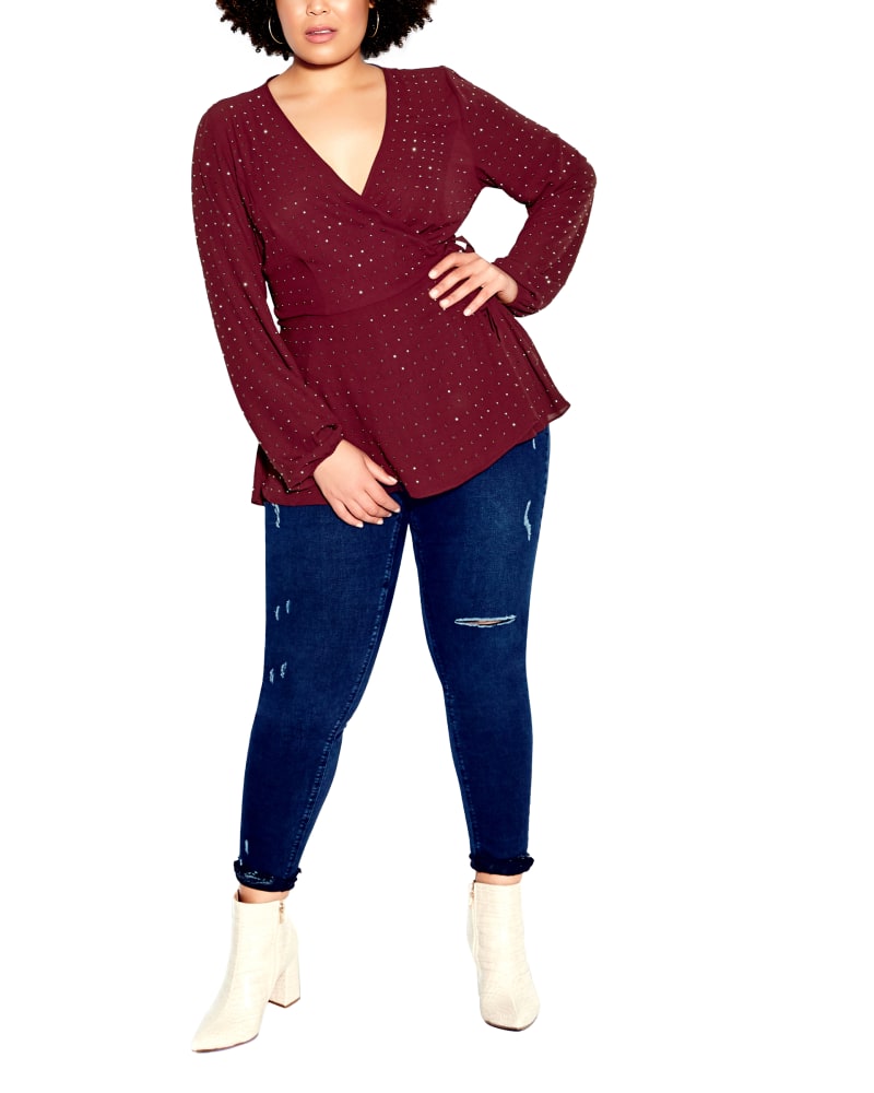 Front of a model wearing a size M Wren Bling Top in Ruby by City Chic. | dia_product_style_image_id:320525